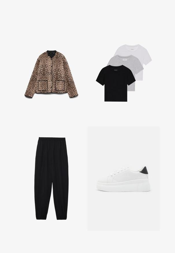 Lapsējošas apdrukas jaka ar apļu kakla izgriezumu, melnu apdari un divām priekšējām kabatām. Audums izskatās mīksts ar kažokādas līdzīgu tekstūru.; Trīs īsām piedurknēm T-krekli melnā, pelēkā un baltā krāsā. Izgatavoti no kokvilnas, ar apaļu kakla izgriezumu un vienkāršu, viendabīgu krāsas dizainu.; Melnas, vieglas bikses ar elastīgu jostu un savilktiem potītiem. Audums ir gluds un to raksturo brīva, sašaurināta forma.; Baltas platforma kedas, izgatavotas no gludas sintētiskas vielas, ar noapaļotu purngalu, saites dizainu un teksturētu gumijas zoli. Melna papēža akcenta detaļa.