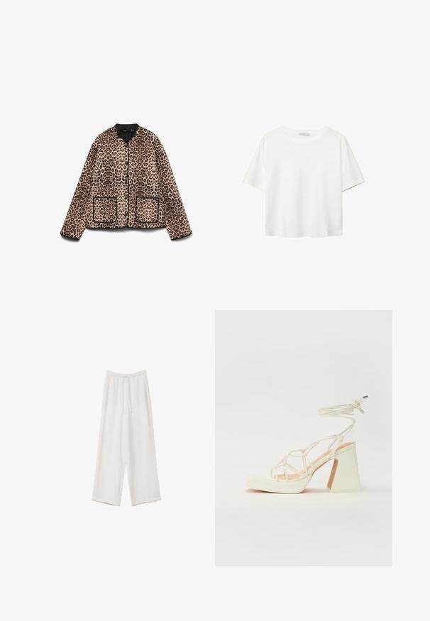 Giacca con stampa leopardata, colletto rotondo, rifiniture nere e due tasche frontali. Il tessuto sembra morbido con una texture simile alla pelliccia.; T-shirt bianco a maniche corte realizzato in cotone. Presenta un collo tondo e una vestibilità rilassata. Texture liscia senza motivi o dettagli visibili.; Pantaloni a gamba larga bianchi realizzati in un tessuto leggero. Presentano una vita elastica con cordoncino e tasche laterali. Texture liscia.; Sandalo bianco con tacco alto, caratterizzato da un design a cinturini e un legaccio alla caviglia. Texture liscia con una piattaforma frontale per un'altezza aggiuntiva.