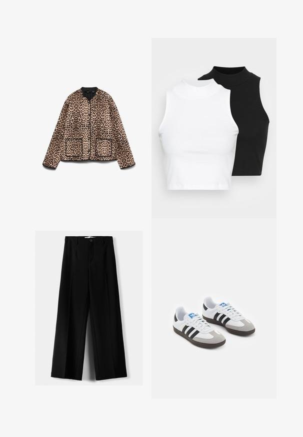 Kurtka w panterkę z okrągłym dekoltem, czarnymi detalami i dwiema przednimi kieszeniami. Materiał wydaje się miękki o futrzanej teksturze.; Dwa bezrękawnikowe golfy w kolorze czarnym i białym, charakteryzujące się dopasowanym fasonem i gładką teksturą, o skróconej długości.; Czarne spodnie szerokie, wykonane z lekkiego materiału, z zapięciem na guzik z przodu i gładkim przodem, z starannie wykończonymi brzegami.; Buty sportowe z białą skórzaną cholewką, szarym zamszowym noskiem i trzema czarnymi paskami. Posiadają niebieskie logo na języku oraz teksturowaną gumową podeszwę.