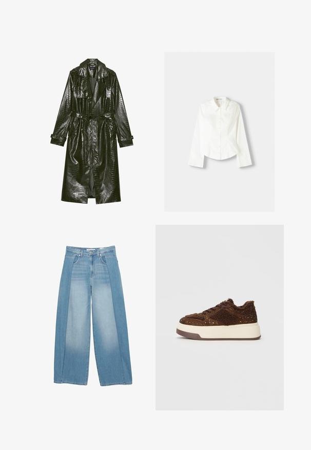 Duga zelena lažna kožna trench kaput s teksturom krokodila, remenom u struku, širokim reverima i rukavima koji se mogu podići. Moderna dizajn s sjajnim finišem.; Bijela košulja s dugim rukavima, koja ima klasičan ovratnik, strukturiran kroj i suptilne vertikalne šavove za dodatne detalje.; Široke traperice u svijetloplavoj boji s jedinstvenim dizajnom koji uključuje dva teksturirana panela. Stil s pet džepova s dugmetom.; Smeđe platforme tenisice s teksturiranim materijalom i sjajnim akcentima, ugodnim ovratnikom i izdržljivom gumenom petom.