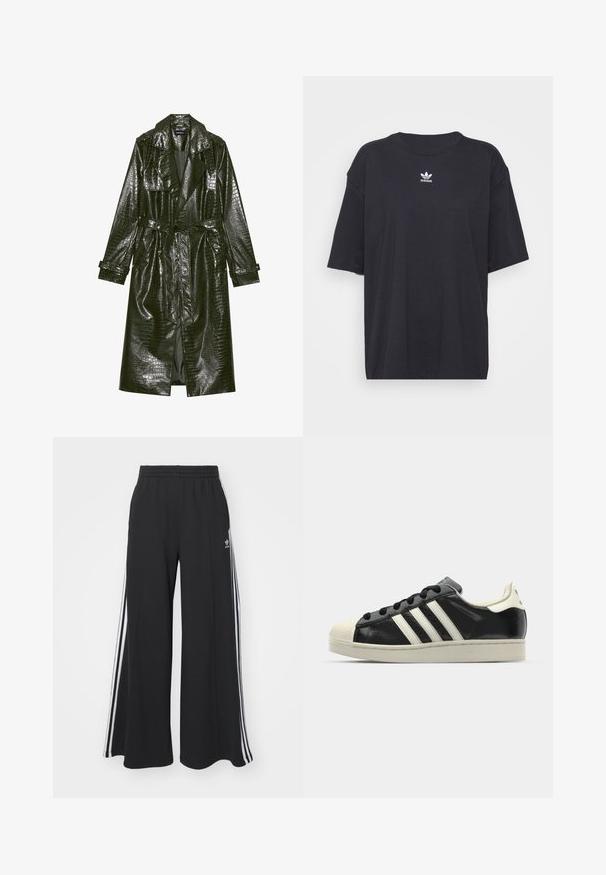 Dlouhý zelený trench coat z faux kůže s texturou krokodýlí kůže, s páskem v pase, širokými klopami a rukávy s možností ohrnutí. Stylový design s lesklým povrchem.; Černé bavlněné tričko s krátkými rukávy a kulatým výstřihem, na hrudi má bílé logo Adidas. Jednoduchý design, uvolněný střih.; Černé pohodlné tepláky širokého střihu s elastickým pasem, na boční straně s bílými pruhy a vyšitým logem na levé stehně.; Černé kožené sneakers s bílými pruhy, gumovou špičkou, černými tkaničkami a krémovou podešví. Hladký povrch s lesklým finišem.