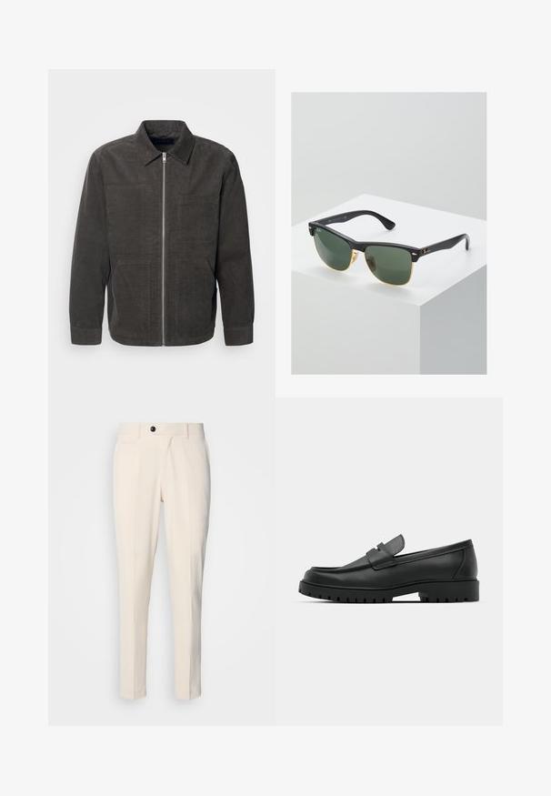 Lindbergh ZIP THROUGH OVERSHIRT - Sommerjakke - dark green; Svart genser med glidelås i kragen, lange ermer, ribbestrikkede mansjetter og kant, laget av et mykt, glatt stoff.; Beige skreddersydde bukser med flat front, enkel knappelukking og to skrå sidelommer. Glatt stoff med slim fit og smalere ben.; Sorte lærloafere med rund tå, med en syddesign, lav plattformsåle og en teksturert, ruggede gummisåle.; Ray-Ban solbriller med grønne linser, svarte plastikkrammer og gullkanter. Firkantet form med matt finish.