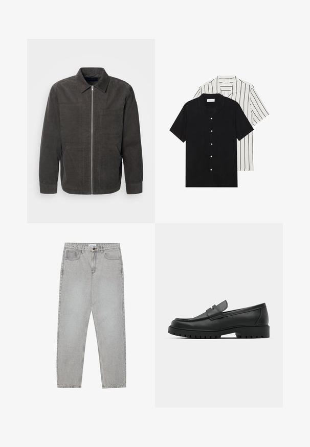 Lindbergh ZIP THROUGH OVERSHIRT - Sommerjakke - dark green; To korte ermer skjorter: en i ensfarget svart, en hvit med svarte vertikale striper. Begge har knappelukkinger og klassisk krage.; Lys grå denimbukser med rett ben-design, fem lommer og knappelukking. Synlig søm langs sømmene.; Sorte lærloafere med rund tå, med en syddesign, lav plattformsåle og en teksturert, ruggede gummisåle.