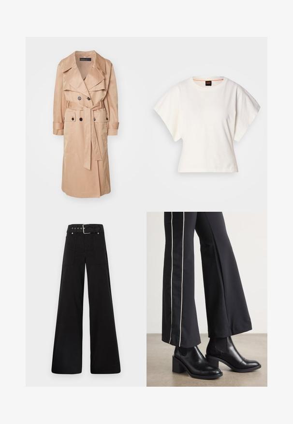 Beige trench coat made of smooth fabric, featuring double breasted buttons, wide lapels, a belted waist, and two front pockets.; White cropped T-shirt, short wide sleeves, soft cotton material, round neckline with subtle orange trim, minimal design, no patterns or graphics.; Black wide-leg trousers made from cotton, featuring a high waist, large side pockets, and a belted waist with silver hardware accents.; Black leather ankle boots with a block heel, featuring elastic side panels. Paired with black pants that have a white side stripe.