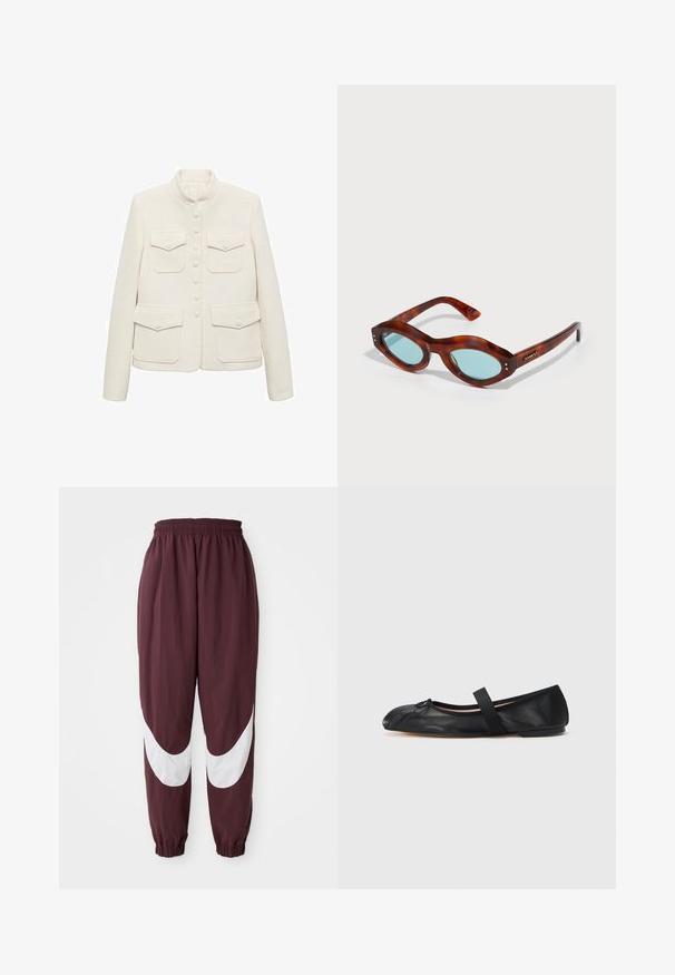 Geacă albă texturată cu guler mandarin, închidere cu șase nasturi și două buzunare frontale pentru piept. Prezintă o croială adaptată și un material neted.; Gestuz SAMURILLY - Tricou basic - bright white; Pantaloni sport maron cu un design de dungi curbate albe, talie elastică și manșete tapered. Fabricat dintr-un material ușor și respirabil.; Balerini din piele neagră, cu vârful rotund, prezintă un detaliu mic sub formă de fundiță și o curea pe partea superioară. Textură netedă, talpă plată.; Ochelari de soare tortoiseshell maro, cu o formă ovală chunky, având lentile albastre și accente din metal pe față și pe brațe.