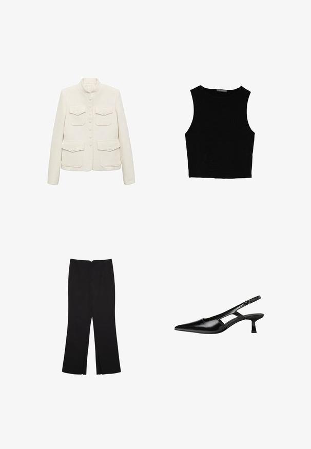 Biela textúrovaná bunda s mandarin golierom, šesťgombíkovým zapínaním a dvoma prednými vreckami na hrudi. Má strih na mieru a hladký materiál.; Čierny bezrukávový crop top vyrobený z hladkej tkaniny, so zaobleným výstrihom a čistým, jednoduchým dizajnom bez vzorov alebo kovania.; Čierne nohavice so strihom rovného strihu, s prednými vreckami a bočnými rozparkami na leme. Vyrobené z mäkkej, hladkej tkaniny. Vhodné na rôzne príležitosti.; Čierne lakované kožené lodičky na podpätku s špicatou špičkou, výrezovým dizajnom na boku a malým štvorcovým podpätkom. Hladký povrch s minimálnymi akcentmi.