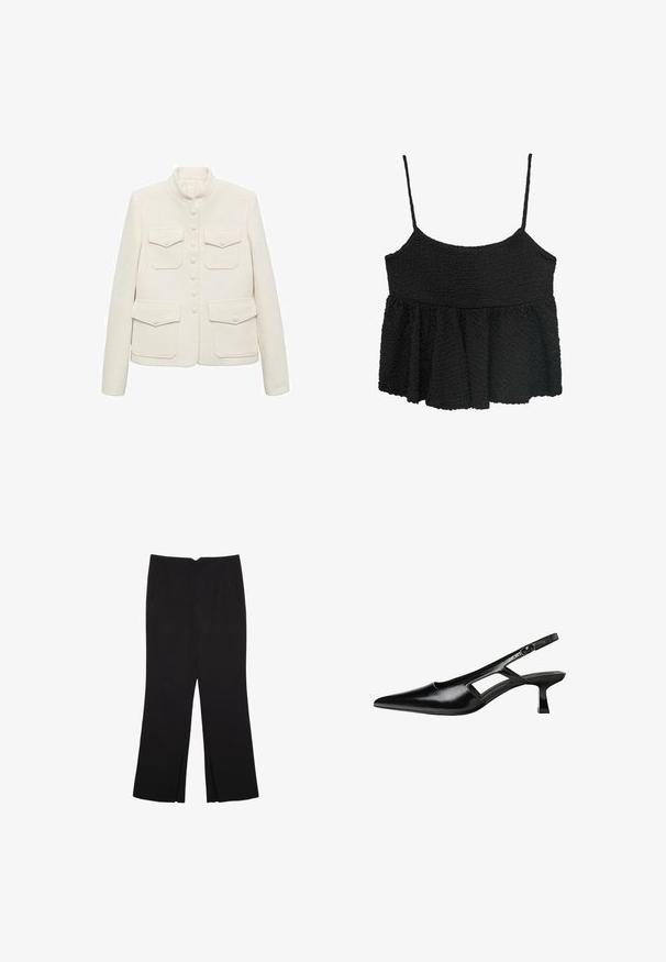 Bílá strukturovaná bunda s mandarinovým límcem, šesti knoflíkovým zapínáním a dvěma předními kapsami na hrudi. Má dobře padnoucí střih a hladkou látku.; Černý peplum top s tenkými nastavitelnými ramínky. Texturovaná, zmačkaná látka, přiléhavý korzet, rozšířená spodní část, žádné viditelné kování nebo vzory.; Černé kalhoty s rovným střihem, s předními kapsami a bočními rozparky na lemu. Vyrobené z jemné, hladké tkaniny. Vhodné na různé příležitosti.; Černé lakované lodičky na podpatku se špičatou špičkou, výřezovým designem na boku a malým čtvercovým podpatkem. Hladká textura s minimálními akcenty.
