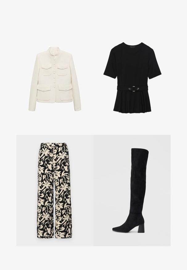 White textured jacket with a mandarin collar, six button closure, and two front chest pockets. Features a tailored fit and smooth fabric.; Black short-sleeve top made of smooth material, featuring a peplum design and a belted waist with two round, silver-tone buttons.; Black wide-leg pants with a cream floral pattern. Made of lightweight fabric, featuring a smooth texture and a high waistband.; Black suede knee-high boot with block heel, pointed toe, and smooth, seamless design on a plain light background.