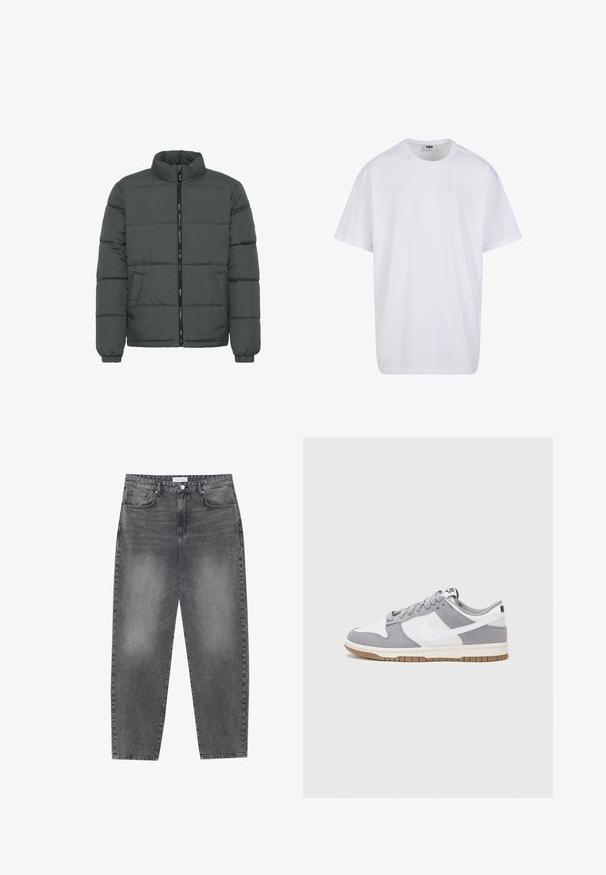 Grå pufferjakke med høj krave, frontlynlås og to sidelommer. Har en quiltet tekstur og elastiske manchetter.; Hvid bomulds t-shirt med korte ærmer, rund halsudskæring, afslappet pasform, og ingen synlige logoer eller mønstre. Glat tekstur og minimalistisk design.; Høj talje, løstsiddende jeans i falmet sort denim. Har fem lommer, bæltestropper og et rent, lige ben design.; Grå og hvid sneaker med en overdel i ruskind og læder, rund tå, flade snørebånd og en gummisål med en gummifarvet detalje.