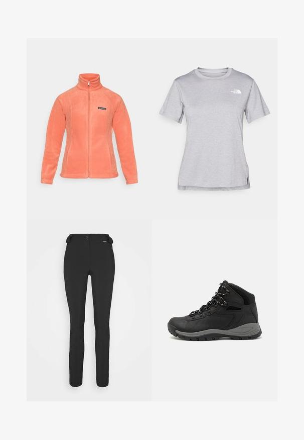 Giacca in micropile con colletto alto, chiusura frontale con zip integrale e maniche a raglan. Include una piccola patches con logo sul lato sinistro del petto. Tessuto morbido.; T-shirt grigio a maniche corte realizzato in morbido tessuto traspirante. Presenta un collo tondo e un piccolo logo bianco nella parte superiore sinistra.; Pantaloni neri aderenti realizzati in materiale flessibile. Presentano una tasca laterale con zip, ginocchia articolate e una texture liscia.; Stivale da trekking nero con design a metà altezza, dotato di una tomaia texturizzata, accenti grigi e suola in gomma resistente con tasselli per la trazione.