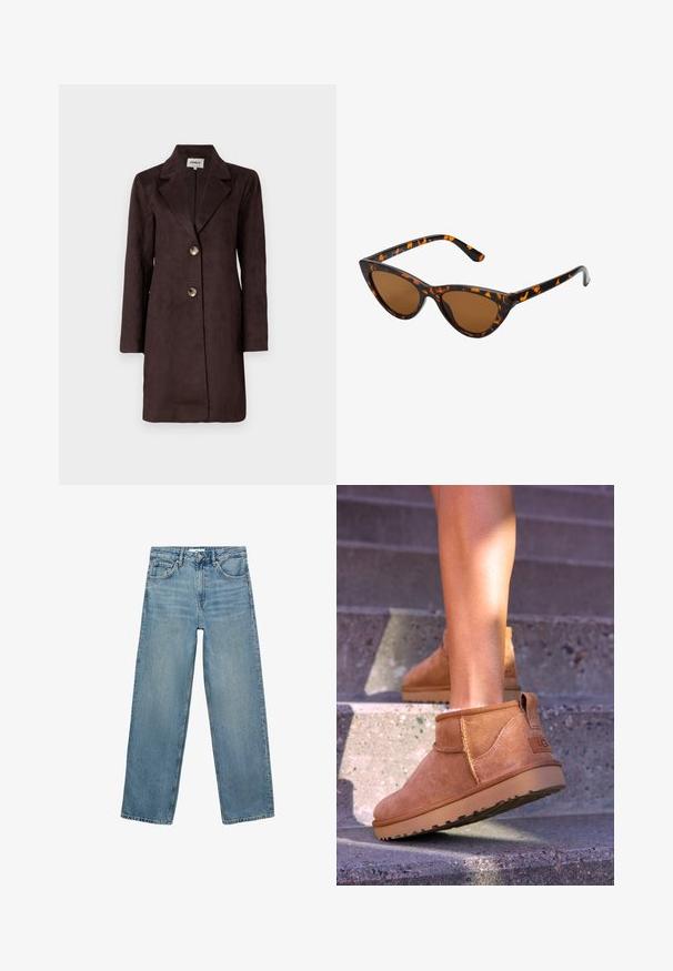 Cappotto lungo in suede marrone con rever a punta, due grandi bottoni e silhouette dritta. Texture liscia con un design minimalista.; Maglione beige a collo alto realizzato in tessuto morbido, con colletto e bordi a coste, vestibilità rilassata e maniche lunghe. Texture liscia, design minimal.; Jeans in denim blu chiaro con design a gamba dritta, vita alta, cinque tasche e cuciture a contrasto. Nessun abbellimento o motivo presente.; Stivali alla caviglia in suede beige con una consistenza morbida, dettagli cuciti e suola in gomma, dotati di un tacco ad anello per una facile vestibilità.; Occhiali da sole cat-eye con una montatura tartarugata nera e arancione, lenti marroni e punte affusolate e eleganti. Presentano un logo minimale sulla asta.