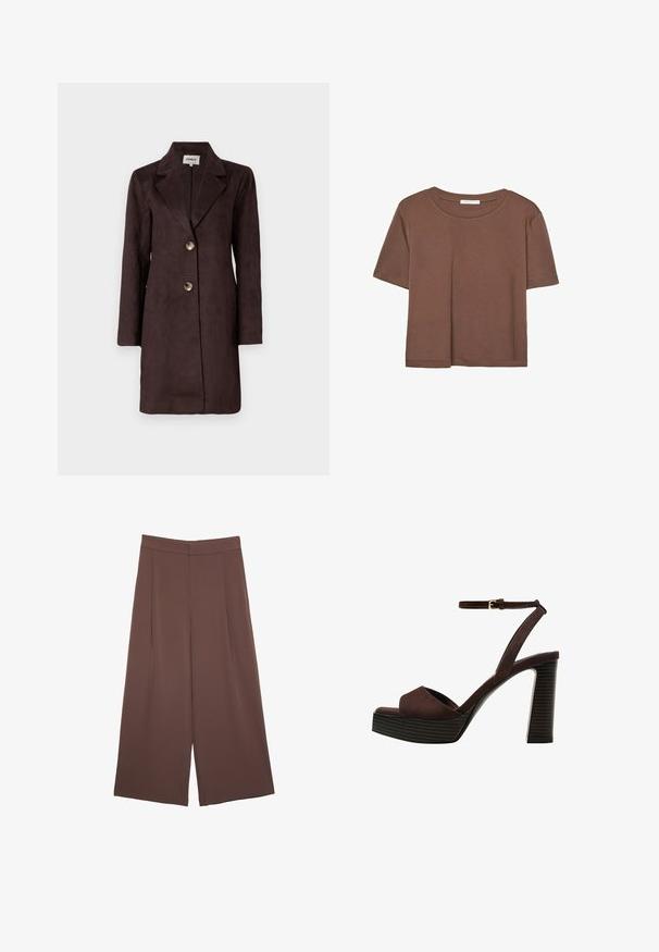 Cappotto lungo in suede marrone con rever a punta, due grandi bottoni e silhouette dritta. Texture liscia con un design minimalista.; Maglietta a maniche corte marrone realizzata in tessuto morbido, con scollatura rotonda e vestibilità rilassata. Nessun motivo o dettaglio visibile.; Pantaloni ampi marroni con una texture liscia, caratterizzati da una vita alta e pieghe frontali. Il tessuto è leggero e scorre liberamente.; Sandal in camoscio marrone con tacco alto, punta aperta, cinturino alla caviglia regolabile e suola a piattaforma striata.