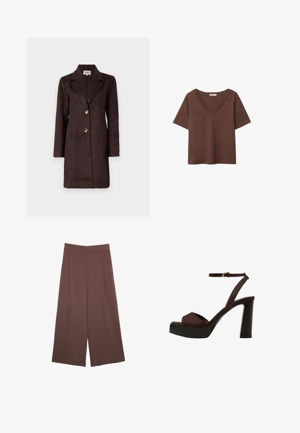 Cappotto lungo in suede marrone con rever a punta, due grandi bottoni e silhouette dritta. Texture liscia con un design minimalista.; T-shirt in cotone marrone con maniche corte e scollo a V profondo. Design semplice, texture morbida e orlo dritto. Senza fantasie o dettagli.; Pantaloni ampi marroni con una texture liscia, caratterizzati da una vita alta e pieghe frontali. Il tessuto è leggero e scorre liberamente.; Sandal in camoscio marrone con tacco alto, punta aperta, cinturino alla caviglia regolabile e suola a piattaforma striata.