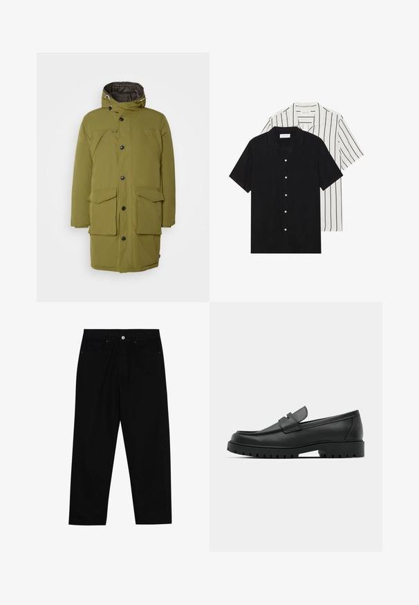 Olive green insulated parka with a hood, featuring a zip and button closure, two front pockets, and a quilted lining.; Two short-sleeve shirts: one solid black, one white with black vertical stripes. Both feature button closures and a classic collar.; Black denim pants with a straight-leg cut, featuring two front pockets, a button fly closure, and subtle stitching details.; Black leather loafers with a rounded toe, featuring a stitched design, low platform sole, and a textured, lugged rubber outsole.