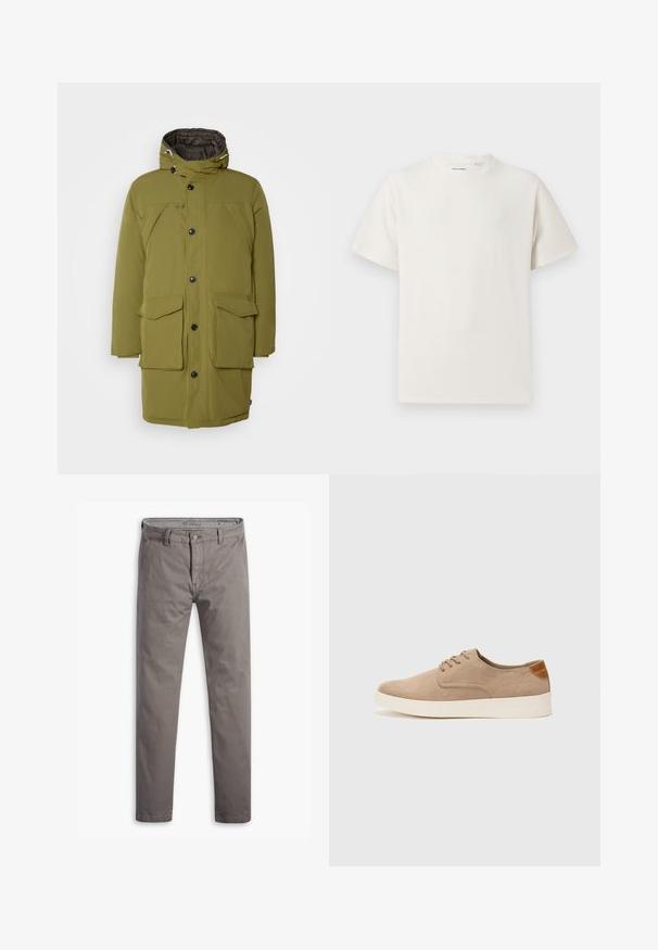 Parka izolație de culoare verde măsliniu, cu glugă, dotată cu închidere cu fermoar și nasturi, două buzunare frontale și căptușeală matlasată.; Tricou alb cu maneci scurte, dintr-un material ribbed. Guler rotund, croi lejer, fără modele sau accente vizibile. Design simplu și versatil.; Chinos grii cu o textură netedă, design cu pantaloni drepți, stil standard cu cinci buzunare și un nasture metalic la talie.; Tenisi din suede bej cu vârf rotund, sistem de șireturi în față și un accent texturat în spate. Talpa albă din cauciuc oferă un contrast. Design simplu și modern.