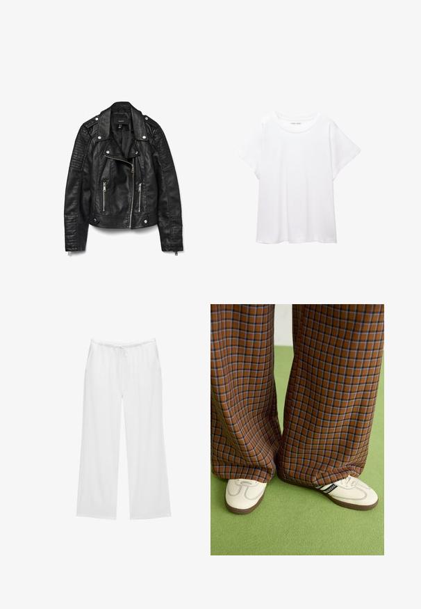 Veste de motard en cuir noir avec fermeture à glissière sur le devant et poches, boutons-pression, épaulettes et détails côtelés texturés sur les manches.; T-shirt blanc en tissu doux et léger. Il présente un col rond et des manches courtes et larges avec une coupe décontractée. Aucun motif visible.; Pantalons larges blancs en tissu doux, dotés d'une taille élastique avec cordon de serrage et de deux poches latérales. Design simple et épuré.; Un pantalon large à carreaux marron et bleu associé à des chaussures blanches avec des accents noirs et des semelles texturées, le tout sur fond vert.