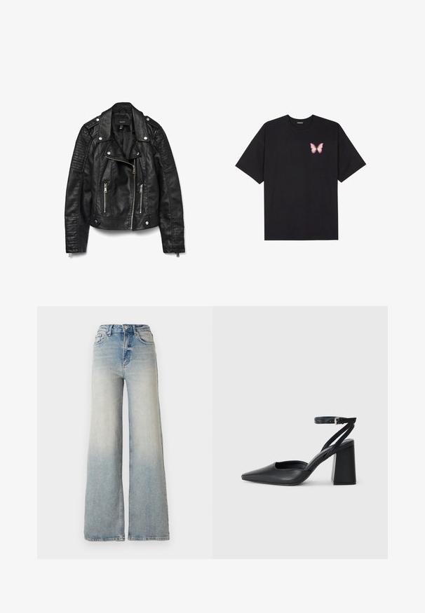 Black leather biker jacket with zippered front and pockets, snap buttons, shoulder epaulettes, and textured ribbed detailing on sleeves.; Black cotton t-shirt with short sleeves, featuring a small pink butterfly graphic on the left chest. Crew neck design with a relaxed fit.; Light blue wide-leg jeans made of denim, featuring a high waist, five pockets, and visible stitching along the seams.; Black leather pointy-toe pump with an ankle strap and a chunky heel. Flat texture, sleek design, and minimalistic aesthetics.