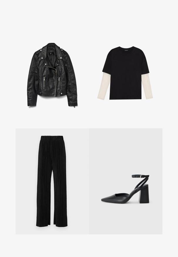Casaco de motociclista em pele preta com fecho e bolsos com zíper, botões de pressão, ombreiras e detalhes texturizados em nervuras nas mangas.; T-shirt preta de algodão, com mangas curtas sobre uma camada de mangas longas branca com um padrão texturizado subtil. Design de decote redondo.; Calças pregueadas pretas com uma cintura elástica. Apresentam pernas largas e um tecido liso, texturizado com riscas verticais.; Sandal com biqueira afilada em couro preto, com cinta no tornozelo e salto grosso. Textura lisa, design elegante e estética minimalista.