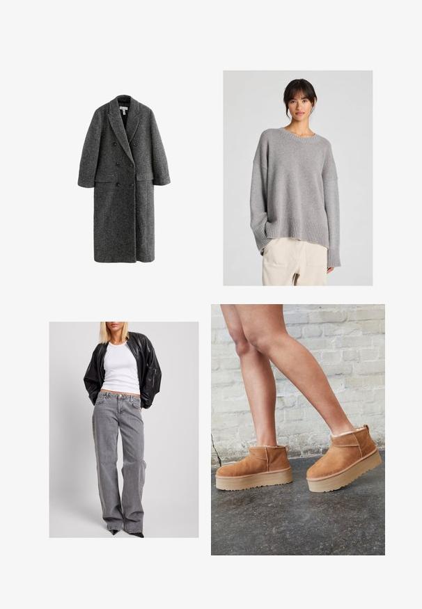 Sivý kabát s dvojitým prešívaním z vlnenej zmesi s klopovým golierom, širokými rukávmi a dvoma prednými vreckami. Celkový textúrovaný vzhľad.; Sivý pletený sveter s voľným strihom, okrúhlym výstrihom, rebrovanými manžetami a lemom. Mäkka textúra s jemným pleteným vzorom. Skombinovaný s svetlými nohavicami.; Čierna kožená bomberská bunda, biely rebrovaný tielko a šedé rifľové jeansy s vysokým pásom, vo voľnom strihu, s diskrétnym šitím a vreckami na akcent.; Hnedé semišové kotníkové čižmy s mäkkou podšívkou, hrubou béžovou platformou a zadným pútkom na obutie. Textúrovaný povrch s viditeľnými švami.