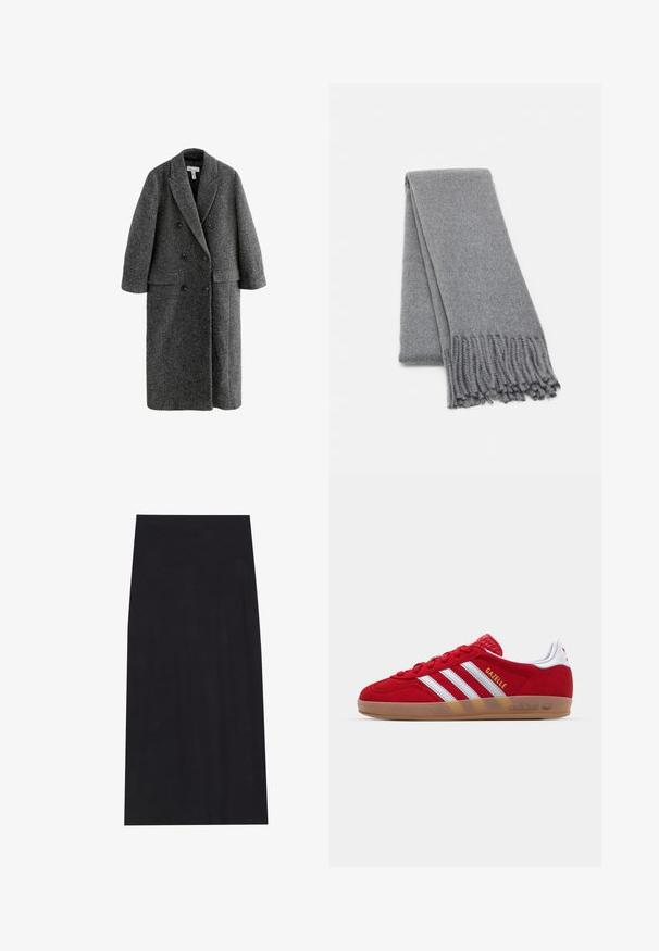 Pelēks vilnas maisījuma divrindu mētelis ar iegriezumu apkakli, platām piedurknēm un divām priekšējām kabatām. Visā virsmā ir teksturēta apdare.; Tumši pelēks bezpiedurkņu džempers ar garām piedurknēm, ribota kakla izgriezuma un teksturēta adījuma audums. Saīsināts dizains.; Melnas midi svārki, kas izgatavoti no mīksta, elastīga auduma. Raksturīga taisni izgriezta silueta un elastīga jostasvieta komfortablai valkāšanai.; Sarkans zamšs kedas ar baltu triju strīpu dizainu un zelta "Gazelle" tekstu. Iekļauj gumijas zoli un teksturētu papēdi.; Pelēks vilnas šalle ar mīkstu tekstūru, ar frizētām malām un vienkāršu dizainu. Kārtota kārtīgi, izceļot tās izstiepto formu.