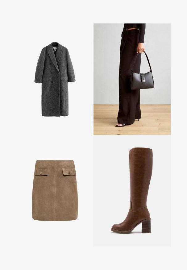 Manteau double boutonnage en mélange de laine gris, avec un col cranté, des manches larges et deux poches avant. Fini texturé sur l'ensemble.; T-shirt brun à manches longues avec un col large et un détail de nœud sur un côté, fabriqué dans un tissu doux et texturé.; Mini jupe en daim marron avec une texture lisse, dotée de deux poches à rabat à l'avant et de fermetures à bouton de chaque côté. Design simple et droit.; Bottes marron jusqu'au genou en simili cuir lisse, avec un bout rond, un talon bloc à rainures verticales et un design minimaliste.; Sac à main noir à la forme structurée, texture lisse et fermoir métallique. Associé à un pantalon noir ample et des sandales ouvertes sur un sol en bois.