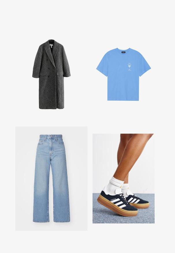 Manteau double boutonnage en mélange de laine gris, avec un col cranté, des manches larges et deux poches avant. Fini texturé sur l'ensemble.; T-shirt en coton bleu clair avec un col rond. Présente un graphique blanc d'un palmier et un texte sur la zone supérieure gauche de la poitrine. Manches courtes.; Jean large taille haute bleu clair avec bouton et fermeture éclair à l'avant, poches avant et arrière, sur fond blanc.; Baskets en daim noir avec des rayures et des accents blancs, bout arrondi, semelle extérieure en caoutchouc gomme, associées à des chaussettes blanches côtelées mi-mollet.