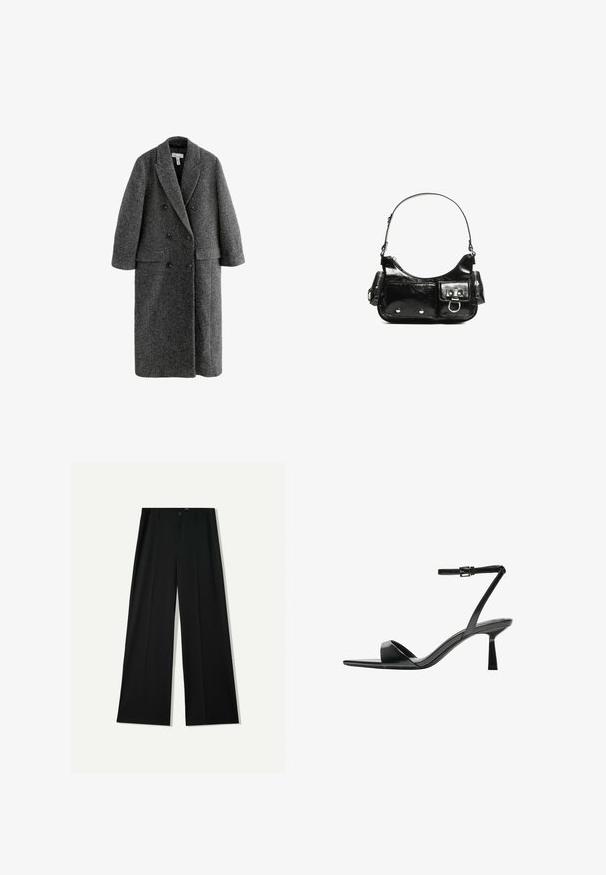 Harmaa villasekoite kaksirivinen takki, jossa on viisto kaulus, leveät hihat ja kaksi etutaskua. Kankaan teksturoitu pinta.; Musta ja valkoinen pitkähihainen t-paita, jossa on pyöreät kaula-aukot, pehmeä kangas ja vartalonmyötäinen muotoilu suorin helmoin.; Bershka WIDE - Housut - black; Bershka Korolliset sandaalit - black; Mustekko mustasta kiiltonahasta valmistettu käsilaukku, jossa on kaareva muoto, yksi olkahihna, etutaskut ja hopeanväriset yksityiskohdat.