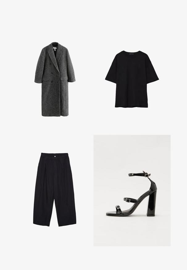 Grå uldblanding dobbeltradet frakke med en spidse krave, brede ærmer og to forlommer. Struktureret overflade hele vejen igennem.; Sort bomulds T-shirt med en afslappet pasform, korte ærmer, rund halsudskæring og en glat tekstur. Ingen synlige mønstre eller accenter.; Sorte polyester culotte bukser med elastisk talje, to forpiber og en løs silhuet. Ingen synlige mønstre eller hardware detaljer.; Sorte patenterede hælsandaler med firkantet tå, ankelremme og sølvspænder. Har en chunky blokHæl for stabilitet.