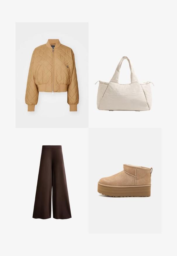 Gekürzte, beige Bomberjacke mit diamantförmigem Steppmuster, Reißverschluss, gerippten Bündchen und elastischem Saum. Verfügt über ein kleines Markenetikett an der Seite.; Cremfarbener Rollkragenpullover mit geripptem Kragen und Bündchen, weichem Stricktextur, lässiger Passform, seitlichen Schlitzen und leicht verlängertem Rücken.; Braune weite Hosen aus weichem Stoff, mit hoher Taille, subtiler Textur und einer fließenden Silhouette ohne sichtbare Verschlüsse oder Verzierungen.; Beige Wildleder-Ankle Boots mit einem weichen Innenfutter, ausgestattet mit einer Plateausohle und einer Zuglasche hinten für einen einfachen Einstieg. Strukturiertes Gummiprofil.; Beige gesteppte Tragetasche mit zwei Griffen, runder Form, strukturiertem Stoff und einer seitlichen Kordelzugtasche. Glatte Oberfläche, minimalistisches Design.