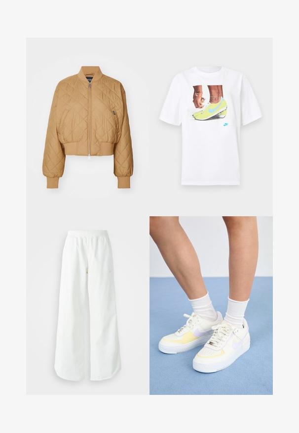 Lühendatud, beeži tooniga pommikindel jope, millel on teemantpadruni muster, lukuga kinnitamine, soonikkoes mansetid ja ribadega alläär. Küljel on väike brändimärk.; Valge puuvillane T-särk, millel on kollaste Nike jalatsite ja siniste aktsentidega jalgade graafika, kombineeritud vasakul randmel oleva käevõruga.; Valged laiad spordipüksid, ribadega vöökoht ja diskreetne logosümbol. Sile kangas, lõdvestatud istuvus ja kitsenev ääreosa.; Valged nahast tossud kollaste ja lavendlitoonide aktsentidega, ümar varvas, tasased paelad ja tekstureeritud kummist tald. Kannab valgeid sokke.