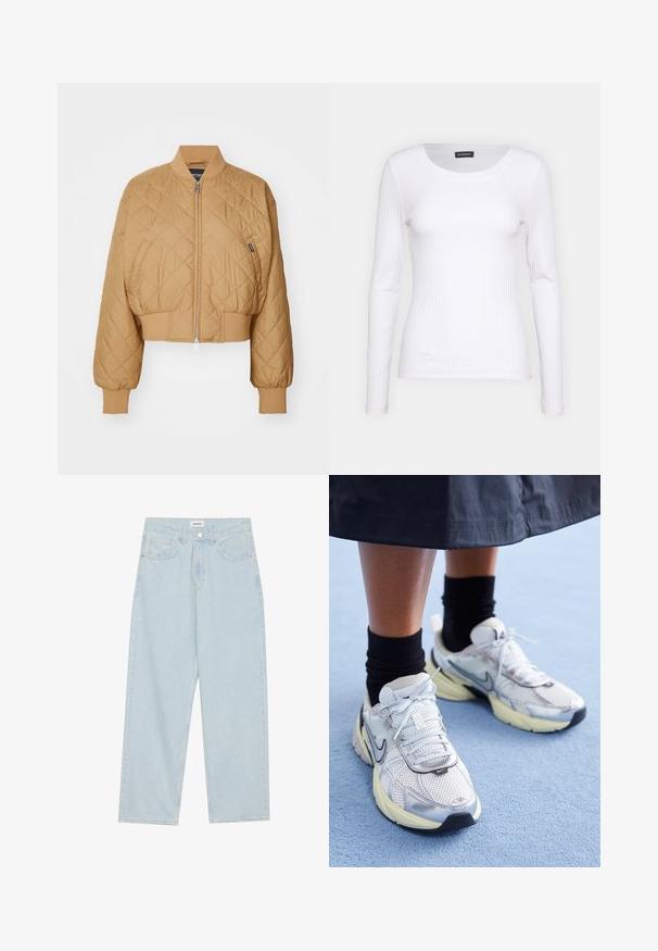 Kraftigt beskåret, tan farvet bomberjakke med diamantquiltet mønster, lynlås lukning, ribbede ærmer og elastisk bund. Har et lille mærkelabel på siden.; Hvid ribbet langærmet trøje med rund halsudskæring. Fremstillet af et strækstof, der sidder tæt til kroppen. Har subtile horisontale linjer.; Lysblå vidde jeans lavet af denim, med mid-rise talje, fem lommer og en knaplukning med en slank metalaccent.; Hvide og sølv Nike sneakers med mesh-stof, reflekterende detaljer og en beige sål. Bæres med sorte sokker og står på en blå overflade.