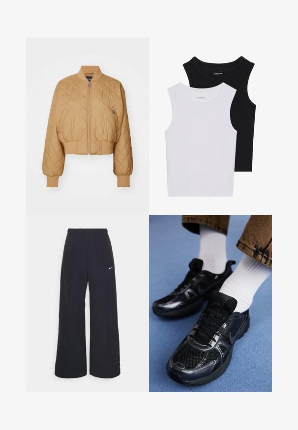 Cropped, tan bomber jacket with diamond quilted pattern, zip closure, ribbed cuffs, and banded hem. Features a small brand label on the side.; Two sleeveless tops in black and white, made of ribbed cotton, featuring round necklines and a fitted design. Labels visible on both.; Black wide-leg pants with an elastic waistband and a small white Nike logo. Fabric has a smooth texture, designed for comfort and casual wear.; Black Nike sports shoes feature a mesh upper with shiny accents, black laces, and a textured sole. Paired with white ribbed socks.