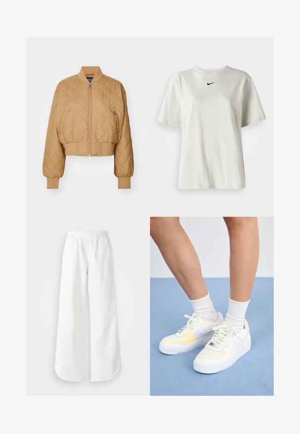 Sutrumpinta, rusvai pilka bombadoriaus striukė su rombų siuvinėjimu, užtrauktuku, raibomis rankovėmis ir juosmeniu. Šone yra maža prekės ženklo etiketė.; Balta medvilnė marškinėliai su apvaliu kaklu ir trumpomis rankovėmis. Priekyje yra mažas juodas Nike logotipas. Paprastas ir nepuošnus dizainas.; Balti sportiniai keliai su platėjančiomis kojomis, su įtemptu juosmeniu ir subtilia logotipo detale. Lygus audinys, laisvas kirpimas ir siaurėjantis apatinis kraštas.; Baltos odinės sportbačiai su geltonais ir levandų akcentais, apvaliu pirštu, plokščiomis raišteliais ir tekstūruota guma. Dėvimi su baltais kojinėmis.