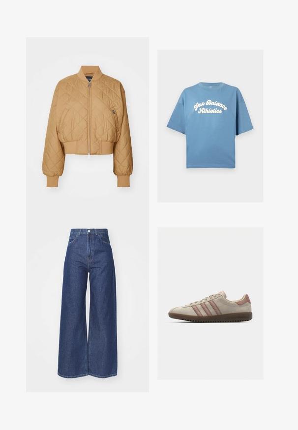 Cropped, tan bomber jacket with diamond quilted pattern, zip closure, ribbed cuffs, and banded hem. Features a small brand label on the side.; Blue cotton t-shirt with a loose fit, featuring short sleeves and a crew neckline. White "New Balance Athletics" logo centrally printed.; Wide-leg jeans made of dark blue denim. High-waisted design with a zip fly and button closure. Features classic five-pocket styling and hemmed edges.; Beige suede sneaker with pink accents, featuring three overlapping stripes, a textured toe cap, and a rubber outsole with grooves.