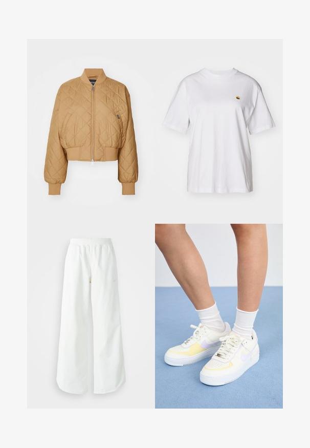 Skraćená, béžová bomber bunda s diamantovým prešívaním, zipsom, rebrovanými manžetami a páskovým lemom. Na boku sa nachádza malá značka.; Biely bavlnený tričko s voľným strihom, krátkymi rukávmi a malým vyšitým logom na ľavej strane hrude.; Biele široké športové nohavice s ribbovaným pásom a jemným logom. Hladká tkanina s uvoľneným strihom a zúženým lemom.; Biele kožené tenisky s žltými a levanduľovými akcentmi, okrúhle špičky, ploché šnúrky a textúrovaná gumová podrážka. Nosené s bielymi ponožkami.
