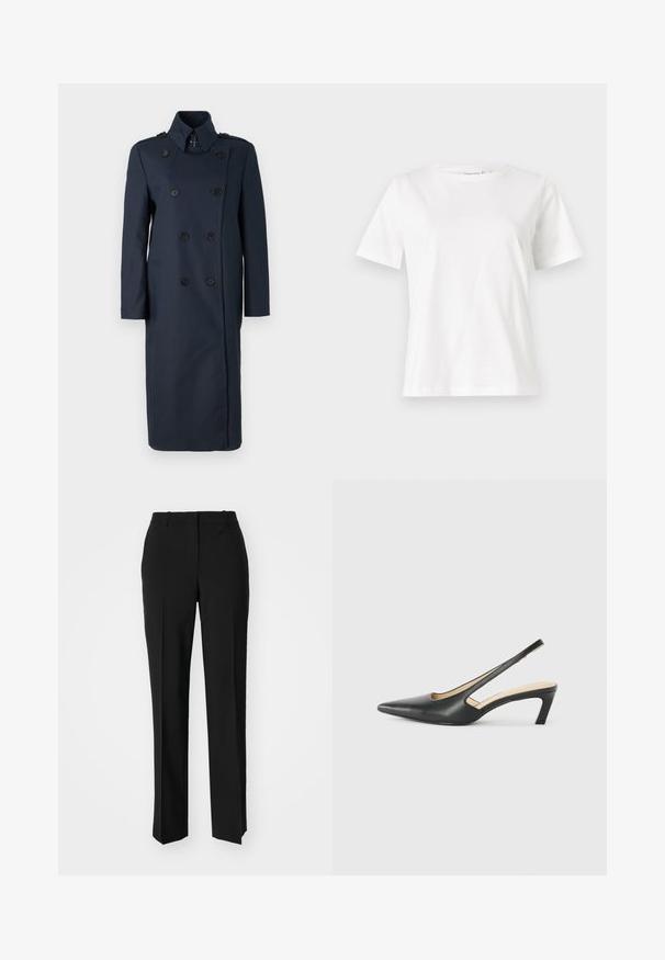 Casaco azul marinho de double breasted com colarinho, apresentando seis botões pretos, bolsos laterais e um corte reto. Feito de tecido suave.; T-shirt de algodão branco com mangas curtas, decote redondo e um corte descontraído. Textura suave, sem padrões ou detalhes, design minimalista.; Calças pretas de corte ajustado com um design de perna reta, apresentando uma textura lisa e pregas bem definidas na frente. Sem hardware visível.; Sandal com bico fino e calcanhar baixo, em couro liso, com um design recortado na lateral para respirabilidade.