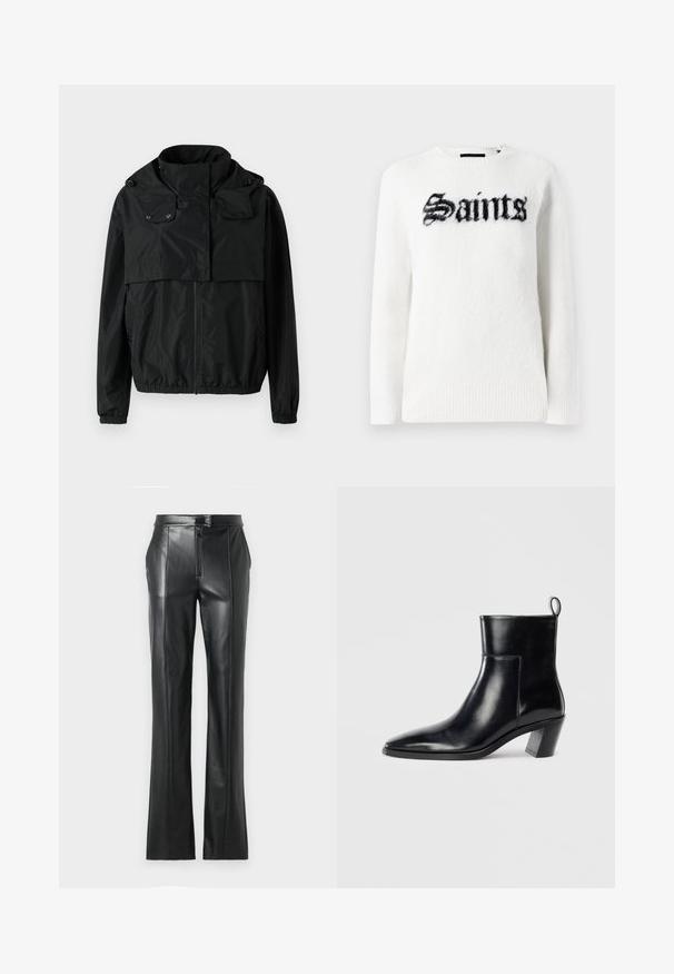Czarna kurtka typu windbreaker z wysokim kołnierzem, zapięciem z przodu na zamek, elastycznymi mankietami i krótkim krojem. Gładka, lekka tkanina bez wzorów.; Biały sweter z pluszowego materiału z czarnym napisem "Saints" z przodu. Okrągły dekolt, długie rękawy i detale ściągacza na dolnej krawędzi.; Czarne skórzane spodnie o prostym kroju, z wysokim stanem, zapięciem na zamek oraz widocznymi detalami przeszycia wzdłuż szwów. Gładka tekstura.; Czarne skórzane botki do kostki z wąskim noskiem, geometrycznie uformowanym, grubym obcasem oraz pętlą z tyłu. Gładka faktura i elegancki design.