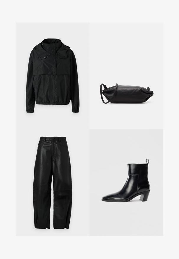 Czarna kurtka typu windbreaker z wysokim kołnierzem, zapięciem z przodu na zamek, elastycznymi mankietami i krótkim krojem. Gładka, lekka tkanina bez wzorów.; Czarna bluzka z długimi przezroczystymi rękawami, z zakładkami z przodu i warstwowym akcentem w postaci kwiatu na lewym ramieniu. Zapięcie na guziki przy szyi.; Czarne skórzane spodnie o luźnym kroju, z prostą nogawką, kieszeniami z przodu oraz widocznymi detalami szwów.; Czarne skórzane botki do kostki z wąskim noskiem, geometrycznie uformowanym, grubym obcasem oraz pętlą z tyłu. Gładka faktura i elegancki design.; Czarna skórzana torebka kopertówka w prostokątnym kształcie, gładka w dotyku, z cienkim paskiem na ramię i minimalistycznym designem.