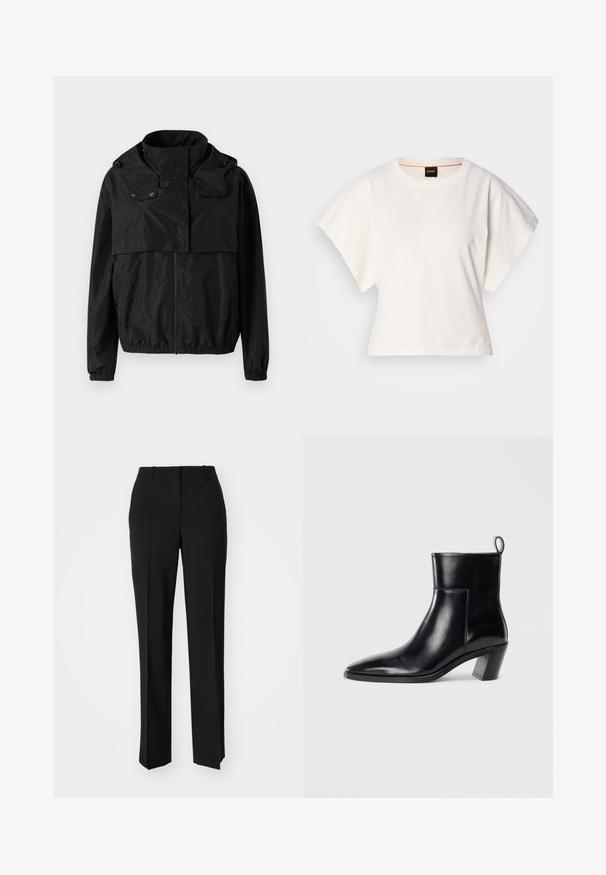 Casaco corta-vento preto com um colarinho alto, fecho de zíper frontal, punhos elásticos e um design cropped. Tecido liso e leve, sem padrões.; T-shirt branco cropped, mangas curtas e largas, material de algodão suave, decote redondo com um discreto acabamento laranja, design minimalista, sem padrões ou gráficos.; Calças pretas de corte ajustado com um design de perna reta, apresentando uma textura lisa e pregas bem definidas na frente. Sem hardware visível.; Botim de cano baixo em couro preto com bico pontiagudo, um salto geométrico empilhado e uma alça na parte de trás. Textura suave e design elegante.