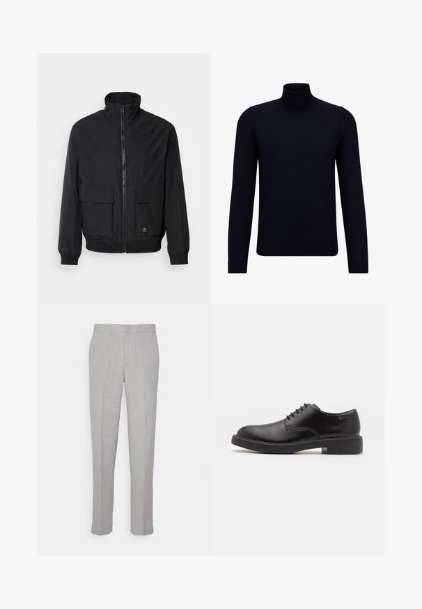 Jachetă bomber neagră cu guler înalt, fermoar frontal, două buzunare mari cu petice, manșete elastice și tiv dublat. Textură netedă a materialului.; Pulover turtleneck de culoare navy închis, realizat dintr-o țesătură fină, cu mâneci lungi și un guler înalt, ajustat. Fără modele sau accente vizibile.; Pantaloni gri deschis cu o textură netedă, față plată și picioare drepte. Realizați dintr-o țesătură respirabilă, cu buzunare interioare și brâie.; Pantofii din piele neagră, cu șireturi, au vârful rotunjit, o textură netedă, cusături minime și un toc de cauciuc scăzut. Logo pe toc.