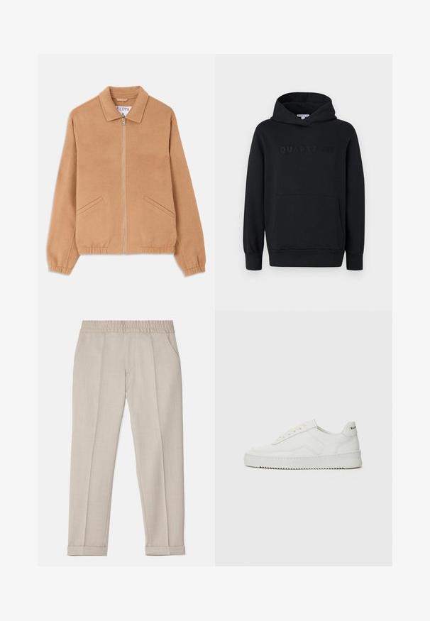 Harmaa villasekoitek jacket, jossa on kaulus, etuvetoketju ja kaksi kulmaa taskua. Omaava rento istuvuus ja resorit hihansuissa. Kankaan tekstuuri.; Mustat hupparit, pehmeää kangasta, vetoketjullinen malli, edessä kengurupussi, kohokuvioitu "QUARTZ CO" -logo rinnassa, ribattu hihansuu ja helma.; Filippa K TERRY CROPPED TROUSERS - Housut - sage melange; Valkoinen nahkakenkä, jossa on sileä pinta, pyöreä kärki, tasaiset nauhat ja teksturoitu pohja. Sisältää huomaamattoman logon kantapäässä.