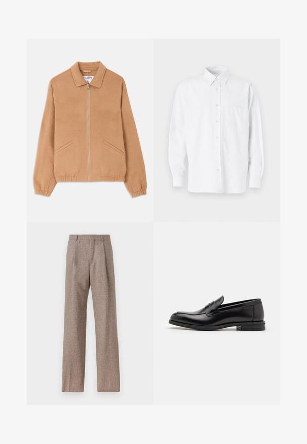 Kerge beeži villase segu jope krae, ees lukuga ja kahe nurga all asuva taskuga. Omab lõdva lõikega ja sooniku piiriga varrukaid. Tekstureeritud kangas.; Valge nööpidega särk kraega, millel on peened vertikaalsed triibud, pikad varrukad, rinnatasku ja klassikaline ümar serv.; Prunnid, kõrge vöökohaga püksid, mis on valmistatud tekstureeritud kangast. Omavad laiu jalgu ja kahte eesmist voldikut struktuuri jaoks. Korralik viimistlus, ilma nähtava riistvarata.; Mustad mustad nahast loafers sileda tekstuuriga, ümarat ninaosa ja dekoratiivne riba vampi üle. Madal kihiline konts, minimalistlik disain.