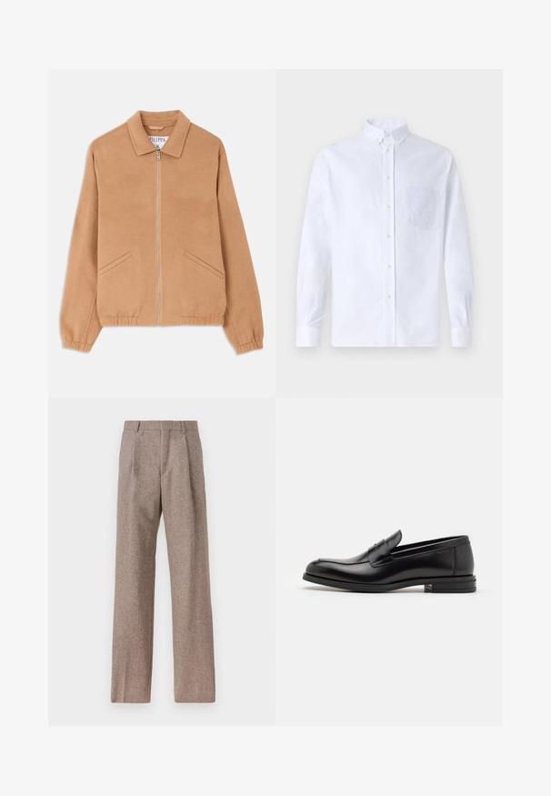 Tamme wolmix jasje met een kraag, een ritssluiting aan de voorkant en twee schuine zakken. Het heeft een relaxed fit en ribgebreide manchetten. Getextureerde stof.; Witte lange mouwen overhemd van katoen, met een borstzak met tonale borduring, een kraag en knopenmanchetten.; Bruine, hooggewaisted broeken van een gestructureerde stof. Heeft wijde benen en twee voorplooien voor extra structuur. Net afgewerkt zonder zichtbare hardware.; Zwarte leren instappers met een gladde textuur, ronde neus en een decoratieve band over de wreef. Lage, gestapelde hak en minimalistisch ontwerp.
