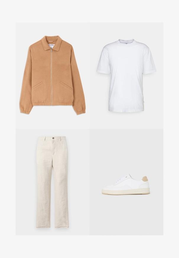 Smėlio spalvos vilnos mišinio švarkas su apykakle, priekiniais užtrauktukais ir dviem pakreiptais kišenėmis. Išskirtinė laisva forma ir banguoti rankogaliai. Tekstūruotas audinys.; Balta medvilninė marškinėlių su apvalia iškirpte, trumpomis rankovėmis ir tiesiu kraštu. Ant kairiojo siūlės yra mažas prekės ženklo etiketė.; Lininiai kelnės šviesiai béžinės spalvos, su tiesiais kojų kirpimais, priekinėmis kišenėmis ir vieno mygtuko užsegimu juosmens srityje.; Baltos žemos sportbačiai su tekstūruota odine viršutinė dalimi, kreminė banguota priekiu ir ruda kulno akcentu. Yra baltos raištelės ir logotipas ant kulno.