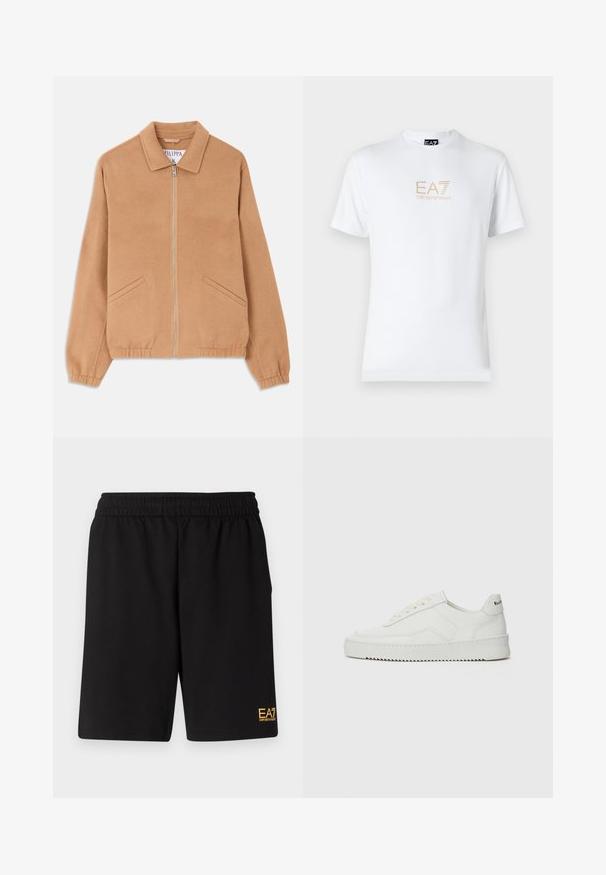 Tanfärgad ullblandad jacka med krage, framsidan är zippered och har två snedställda fickor. Har en avslappnad passform och ribbade ärmslut. Texturerad tyg.; Vit bomull t-shirt med rund halsringning och korta ärmar, med en guld EA7 Emporio Armani-logotyp tryckt på framsidan.; Svarta träningsshorts i mjukt tyg, med ett elastiskt midjeband och en liten gul EA7-logotyp på nedre vänstra benet.; Vita lädersneakers med en jämn yta, rund tå, platta snörningar och en strukturerad sula. Har en diskret logotyp på hälen.