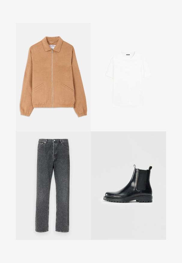 Tamme wolmix jasje met een kraag, een ritssluiting aan de voorkant en twee schuine zakken. Het heeft een relaxed fit en ribgebreide manchetten. Getextureerde stof.; Witte katoenen t-shirt met korte mouwen, ronde halslijn en recht gesneden. Gladde textuur zonder zichtbare patronen of accenten.; Grijze denimjeans met een rechte pasvorm, voorzien van vijf zakken, een glanzende knoopsluiting aan de voorkant en contrasterende stiksels langs de naden.; Zwarte leren Chelsea laarzen met elastische zijpanelen, een lus voor gemakkelijke aan- en uittrekken, en een robuuste rubberen zool met een gestructureerde grip.