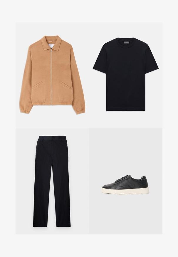 Béžová bunda zo zmesi vlny s golierom, predným zipsom a dvoma šikmými vreckami. Má voľný strih a rebrované manžety. Textúrovaná látka.; Čierne tričko s krátkym rukávom a okrúhlym výstrihom so subtilným embosovaným logom umiestneným na hrudi a značkovou nálepkou vo vnútri goliera.; Čierne nohavice z ľahkého textúrovaného materiálu, s priamym strihom, elastickým pásom a bočnými zipsovými vreckami.; Čierne kožené tenisky s textúrovaným povrchom, okrúhlou špičkou a plochou bielou gumovou podrážkou. Obsahujú čierne šnúrky a značku na päte.