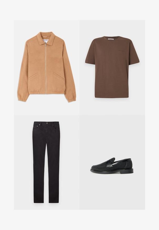 Tan wool-blend jacket with a collar, front zipper, and two angled pockets. Features a relaxed fit and ribbed cuffs. Textured fabric.; Brown cotton t-shirt with a round neckline, short sleeves, and a small logo printed on the front. Flat fabric texture, casual fit.; Black cotton trousers with a straight-leg design, featuring a waistband with belt loops, front pockets, and closure with metal buttons.; Black woven slip-on shoe with a smooth leather accent on the upper, a round toe design, and a low-profile rubber sole.