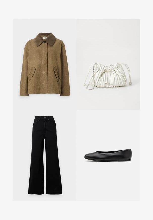 Brown waxed jacket with a corduroy collar, featuring two angled side pockets and a relaxed, boxy fit. Soft texture with a slightly worn appearance.; Gray short-sleeve T-shirt made of soft fabric. Crew neck, relaxed fit, with a subtle logo at the hem. Smooth texture throughout.; Black wide-leg jeans made from denim, featuring a high waist, five pockets, front button closure, and minimal stitching details.; Paul Smith TOPANGA - Ballet pumps - black; White pleated handbag made of soft material. Features drawstring closure, braided handles, and a silver-tone hardware accent.