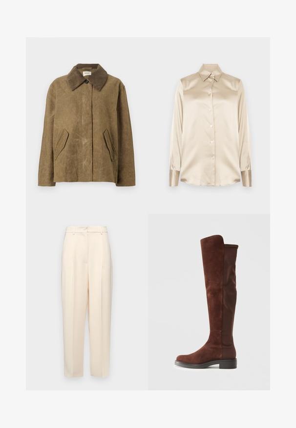 Braune gewachste Jacke mit einem Cordkragen, ausgestattet mit zwei schrägen Seitentaschen und einer entspannten, kastigen Passform. Weiche Textur mit einem leicht abgetragenen Aussehen.; Beige Satinhemd mit spitzem Kragen, langen Ärmeln, Knopfverschluss und Manschetten in einem etwas glänzenderen Finish. Keine Muster oder Akzente.; Beige maßgeschneiderte Hose mit geradem Schnitt, mit Falten an der Vorderseite, einer glatten Textur und einer mittelhohen Taille. Keine sichtbaren Taschen.; Hohes braunes Wildleder- und Stoffboot mit niedrigem schwarzem Absatz und abgerundeter Zehenform, seitlich auf einem schlichten weißen Hintergrund abgebildet.